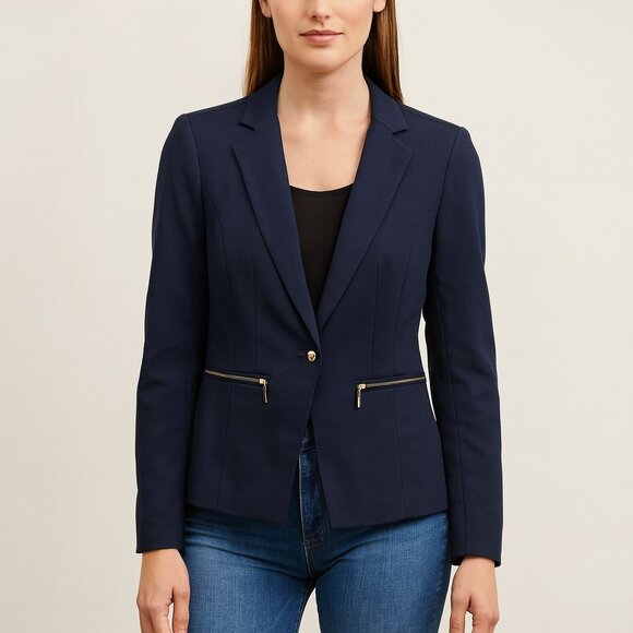 Vivienne Tam Navy Blazer Jacket Women’s Size 6 Gold Zip Pockets Office Career - Picture 1 of 11